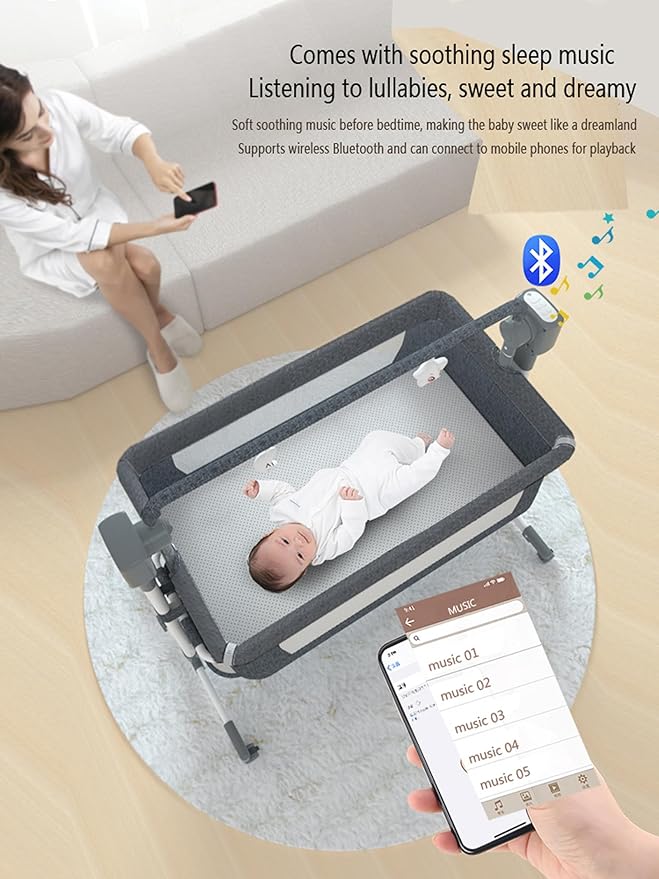 Electric Bluetooth Smart Baby Bedside Bassinet, Baby Bassinet Bedside Sleeper, Next to Me Crib with Wheels, Foldable Co-Sleeping Bed Bassinet for Newborn with 5 Swaying Gears and Remote (601 Pink)