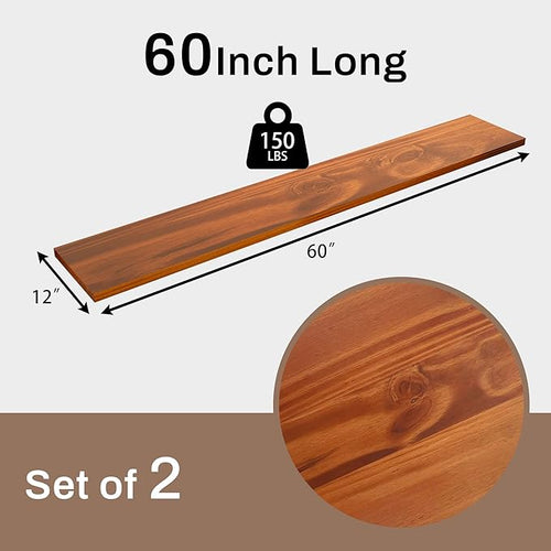 12x60 Inch Rustic Wood Floating Shelves 2-Pack - Farmhouse Brown Wall Shelves with 100 lbs Capacity, Easy Installation for Living Room, Kitchen, Bedroom