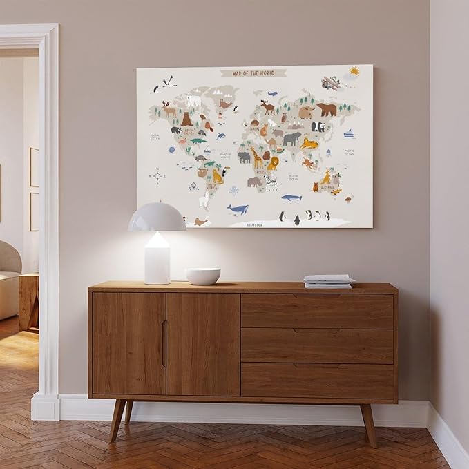 KIPNG Kids World Map - Playroom Animal World Map - Nursery Educational Poster Canvas Poster Bedroom Sports Landscape Office Room Gift Unframe-style20x30inch(50x75cm)