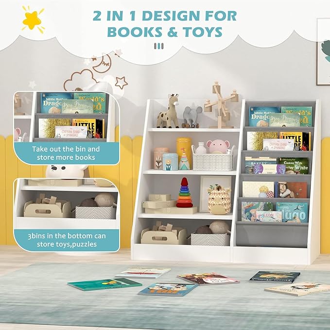 NACHES Montessori Kids Bookshelf Fabric Sling Pockets & Open Shelves – Front Facing Toddler Book Display and Toy Storage Organizer for Nursery Playroom or Bedroom 35" Wide (White, Middle)