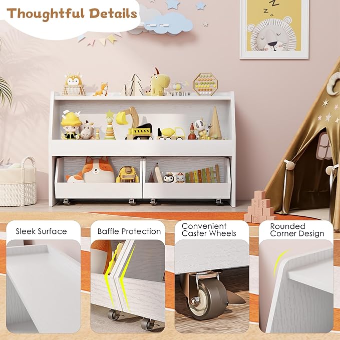 COZPAW Toy Storage Organizer, 2 Tier Montessori Shelf with Movable Bins, Toy Organizers Book Shelf for Kids Room, Playroom, Nursery (White)