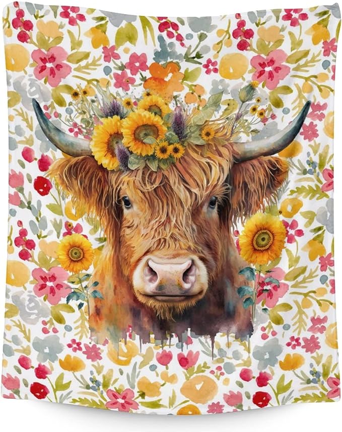 Highland Cow Blanket Gifts - 50x40 Inches Vintage Throw Blanket for Women, Girls - Colorful Soft Fuzzy Blankets for Crib Couch & Travel - Aesthetic Highland Cow Gift Idea