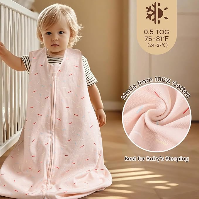 PHF Soft Baby Sleep Sack 0-6 Months 100% Organic Cotton Wearable Blanket, 2-Way Zipper 0.5 TOG Toddler Sleeping Sack 3 Pack, Comfy Sleep Bag for Baby Boys Girls, Ice Cream (Small)