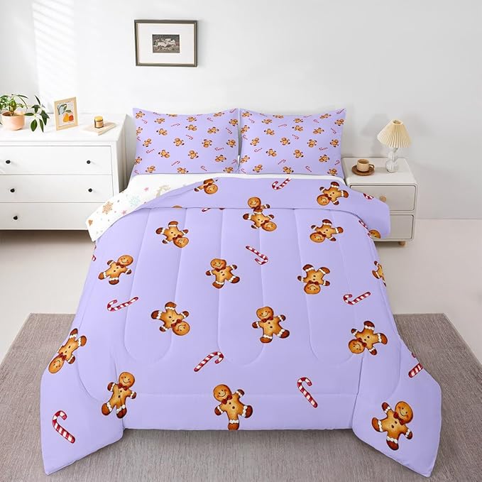 jejeloiu Kids Cute Gingerbread Man Comforter Set King Size Christmas Theme Bedding Set for Boys Girls Teens Xmas Candy Cane Happy New Year Purple Duvet Quilt Room Decor