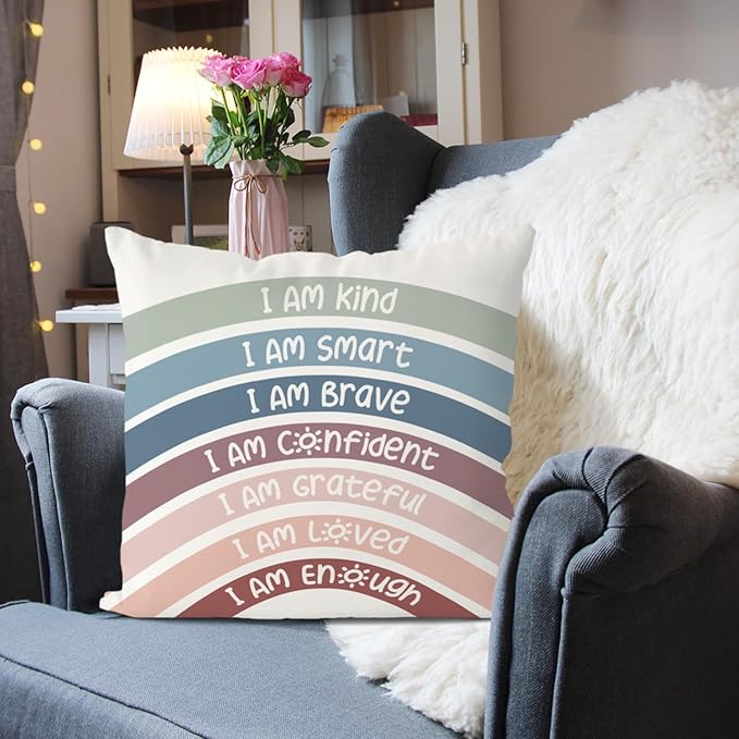 QIYUHOY Boho Rainbow Classroom Throw Pillow Covers, Book Center Calming Corner Playroom Decor Pillow Case, Rrimson Pillow Cover, I Am Kind Smart Brave Confidence 22x22 Inch Pillowcase(Crimson)
