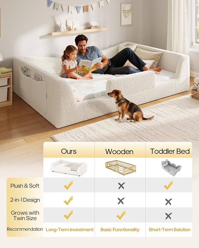 Twin Floor Bed, Low Montessori 2-in-1 Beds, with Slats and High Rails, Upholstered Teddy Boucle, Curve Round Frame for Girls and Boys, No Box Spring Needed, Easy Assemble, Beige (Twin)