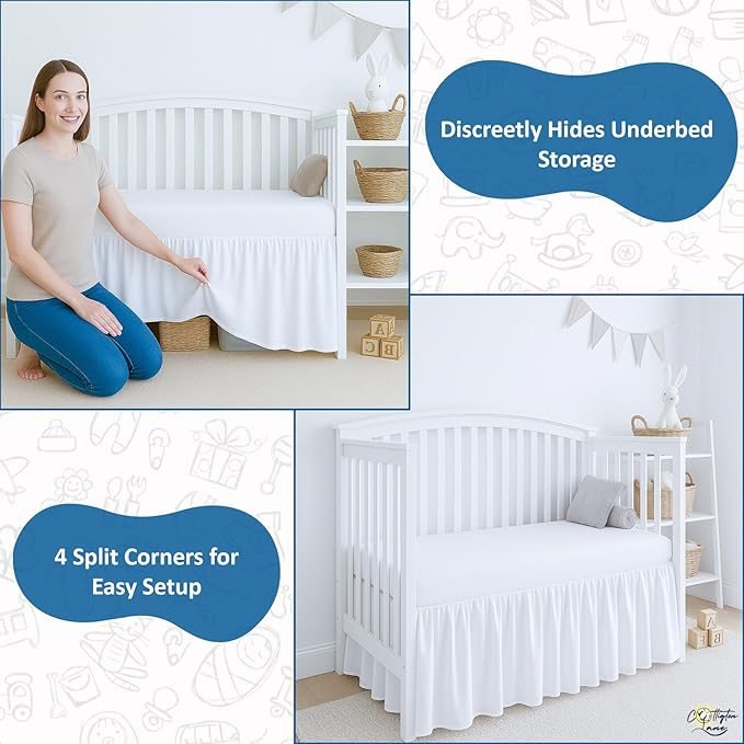 Cottington Lane White Infrant Crib Bed Skirt Dust Ruffle with Split Corner, 100% Natural Cotton Nursery Crib Toddler Bedding Skirt for Baby Girls or Boy, Fits Standard Cribs 28" x 52" with 14" Drop