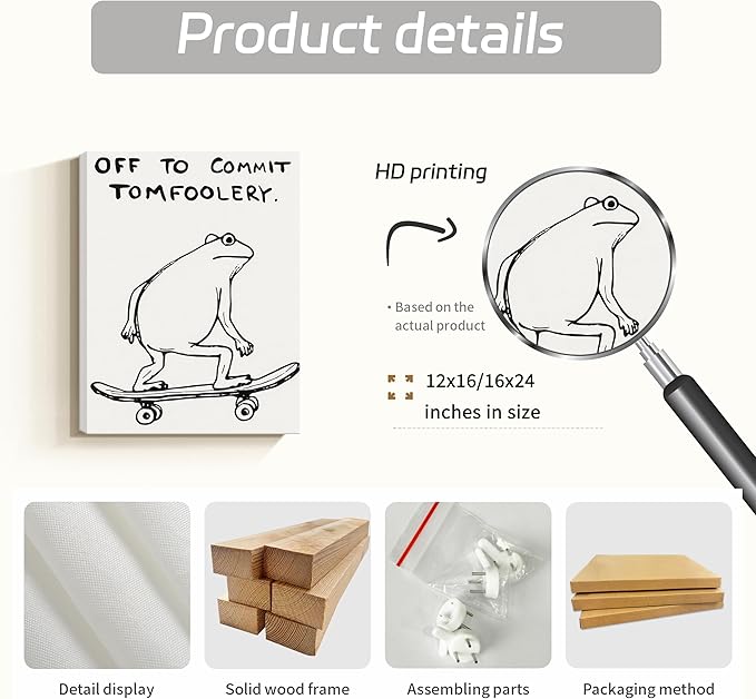 Dytial Funny Frog Wall Art，Funky Skateboard Frog Prints for Wall Decor，Cool Posters，Unique Paintings for Kids Room，Minimalist Funny Animal Artwork - Teen Boy Walls 16x24 Inch
