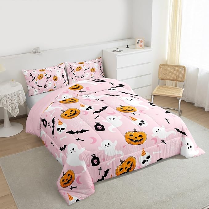 Erosebridal Pink Halloween Comforter Set Cute Ghost Bedding Set Full Size,Spooky Pumpkin Bat Decor Quilt for Kids Boys Girls Adults Vintage Halloween Decorations Down Comforter