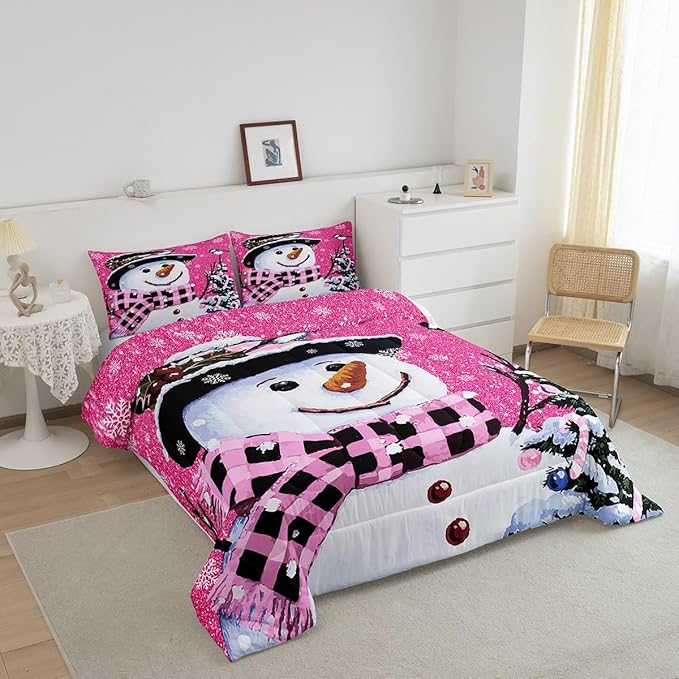 Feelyou Kids Christmas Theme Decorations Bedding Set Xmas Snowman Comforter Set for Boys Girls Snowflake Kawaii Cute Hot Red Bedroom Collection Twin Size