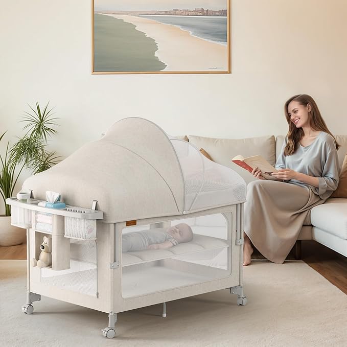 4 in 1 Baby Bassinet, Pack and Play, Bedside Crib Sleeper, Diaper Changer, Quickly Assembled and Folded Portable Crib with Mattress and Mosquito Net, Easy to Carry