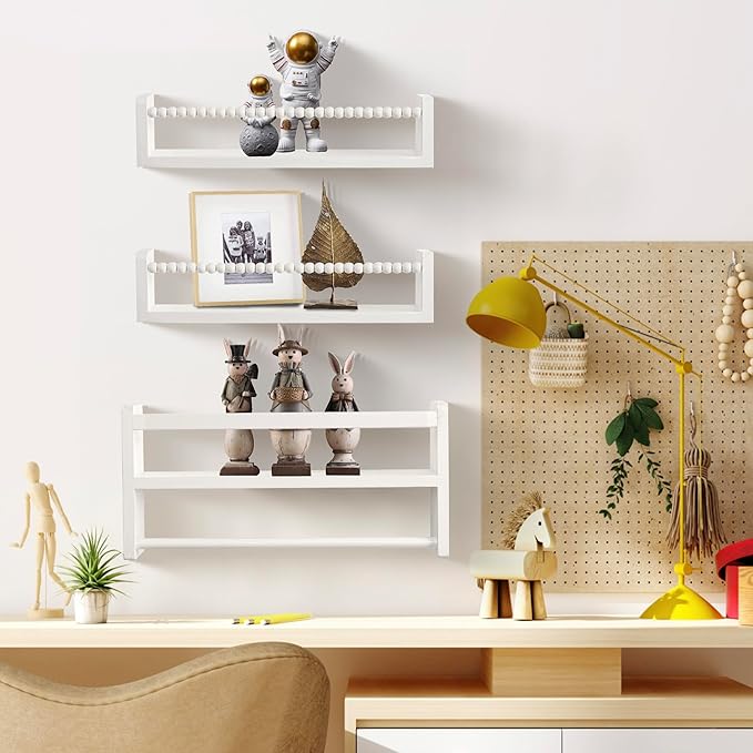 Nursery Floating Book Shelves, Wall Mounted Shelf with Towel Bar for Kids Room, Nursery Wall Shelves Set of 3 - Rustic Bookshelf Organizer for Baby Books & Toys,White