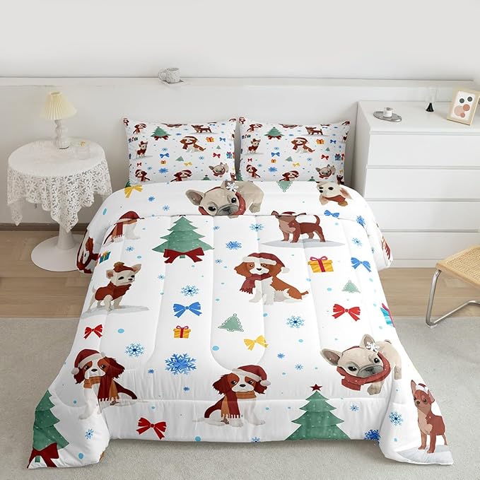Feelyou Christmas Puppy Comforter Set All Season Festive Pet Bedding Set with 1 Pillow Cases Cute Dog Kids Toddler Bedclothes Xmas Tree Snowflake Bedroom Decor Duvet Quilt Breathable Soft Lightweight