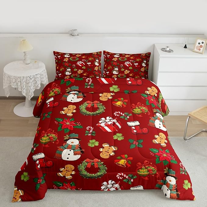 jejeloiu Merry Christmas Comforter Set Queen Size Cute Snowman Bedding Set for Kids Boys Girls Gingerbread Man Duvet Quilt Red Bedroom Decor