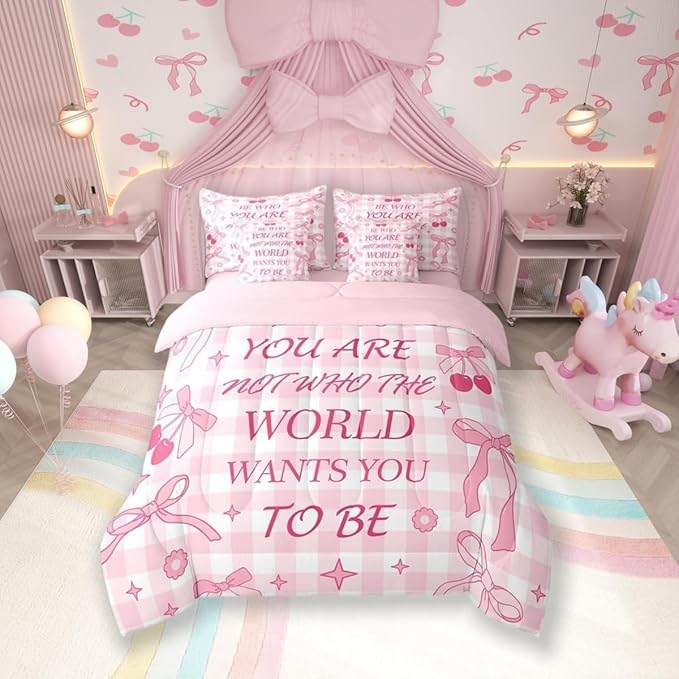 7 Pieces Pink Bowknot Kids Comforter Set King,Cherry Star Daisy Flowers Princess Bedding Set,Bow Tie Geometric Plaids Cute Dreamy（Comforter+Fitted+Flat Sheet+2 Pillowcases+2 Throw Pillow Covers）