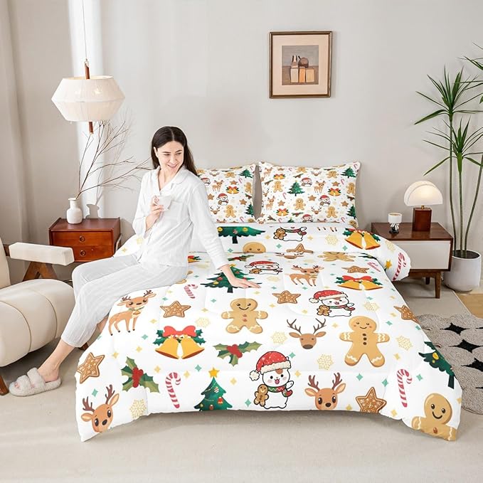 Feelyou Merry Christmas Comforter Set All Season Gingerbread Man Bedding Set with 1 Pillow Cases Cute Deer Microfiber Kids Twin Bedclothes Christmas Tree Duvet Quilt Breathable Soft Lightweight