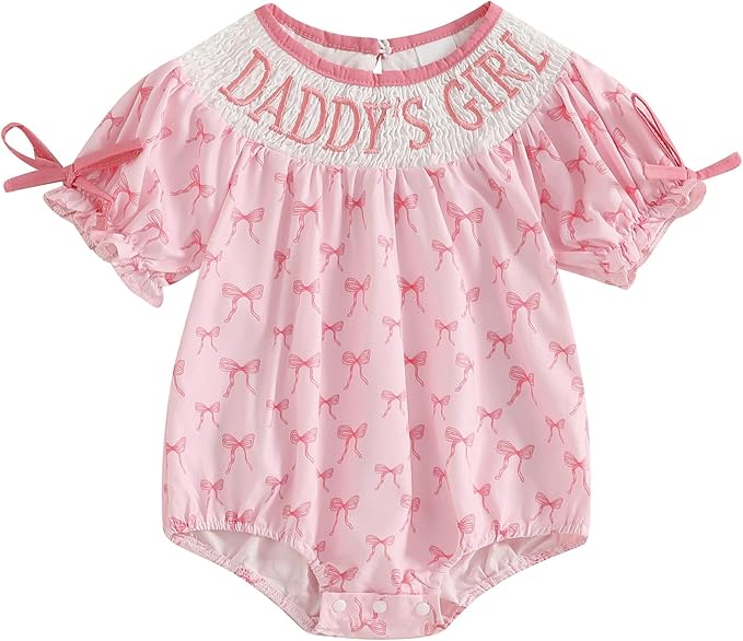 Newborn Baby Girl Romper Mamas Mini Bow Plaid Print Puff Sleeve Smocked Bubble Romper Jumpsuit Bodysuit Clothes
