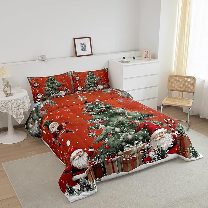 Christmas Theme Comforter Set Queen Size,Snowflake Christmas Tree Bedding Set for Kids Teens Adults Room Decor,Santa Claus Red Duvet Insert 3Pcs,X'mas Star Polka Dot Glitter Quilt Set,2 Pillowcases