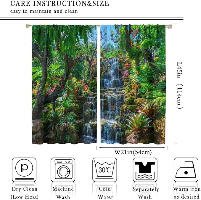 Waterfall Blackout Window Curtains, Spring Forest Nature Landscape Theme Pattern Print Window Drapes, for Living Room Bedroom 42x45in 2 Panels