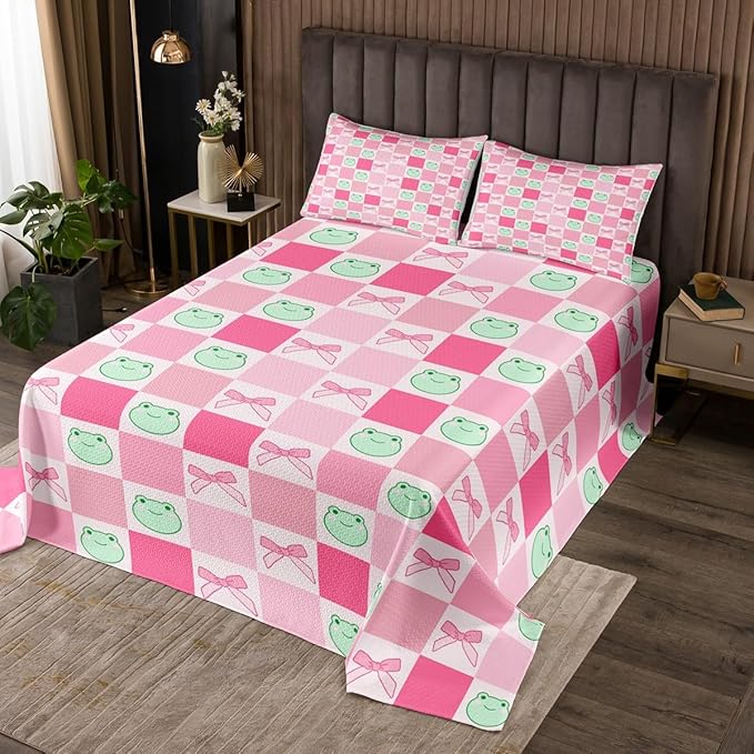 Manfei Cartoon Frog Kids Bedspread Queen Size,Pink Bowknot Bow Tie Butterfly Knot Coverlet Set,Girls Women Room Decor,Geometric Plaid Grid Patchwork Quilted Coverlet,Cute Bedding Quilt,2 Pillowcases