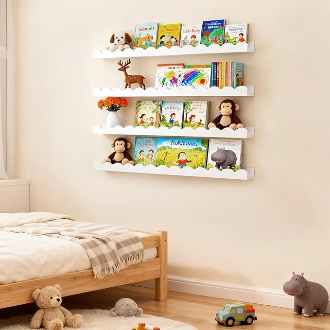 LinTimes Nursery Book Shelves, Set of 4 White Floating Scalloped Shelves for Wall, Rustic Wood Wall Mounted Shelves for Kids Bedroom, Toddler Room, Baby Room Decor, 7.94Lbs Capacity, 16.5 inch