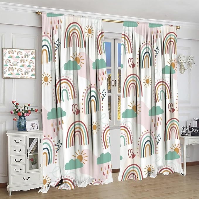 Kids Rainbow Curtains Boho Cartoon Colorful Stars Love Heart Lovely Abstract Art Pattern Print Window Drapes for Girl Bedroom Living Room Kitchen Decor,2 Panel Set,63Wx63H Inch Blackout