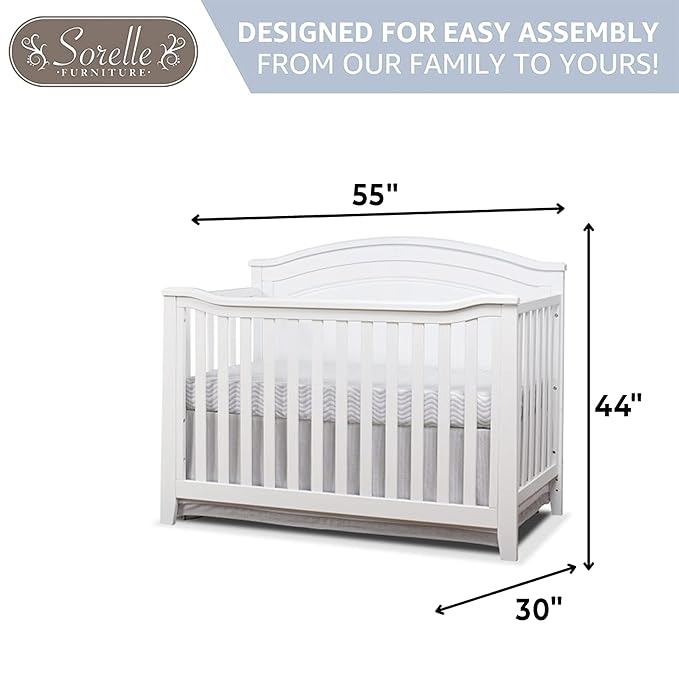 Sorelle Furniture Berkley Round Top Crib, Classic 4-in-1 Convertible Crib, Made of Wood, Non-Toxic Finish, Wooden Baby Bed, Toddler Bed, Child’s Daybed and Full-Size Bed, Nursery Furniture-White