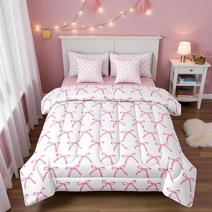 7 Pieces Cartoon Bowknot Kids Comforter Queen,Pink Bow Tie Butterfly Knot Princess Bedding Set,Watercolor Bow Patchwork Pink White（Comforter+Fitted+Flat Sheet+2 Pillowcases+2 Throw Pillow Covers）