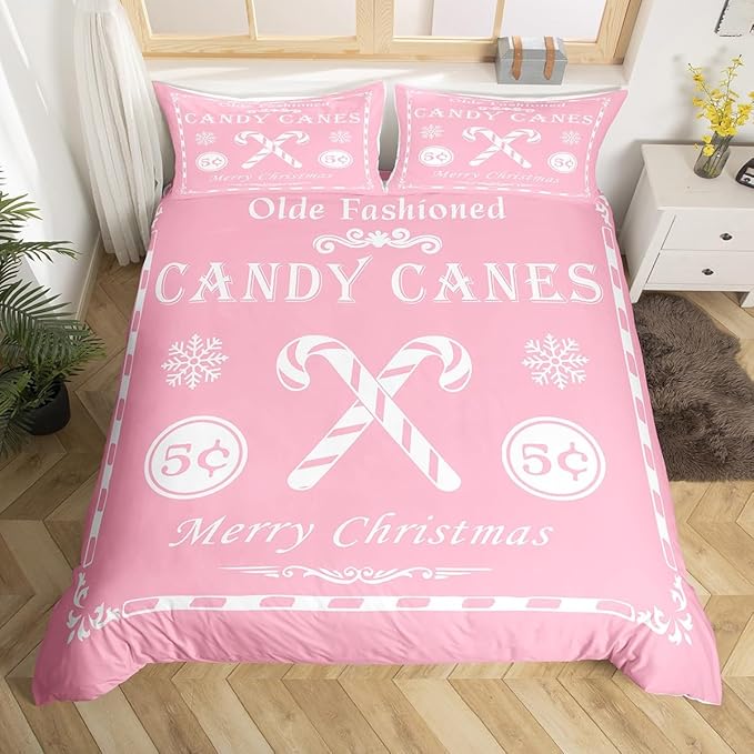 jejeloiu Christmas Bedding Set King Size Kids Christmas Quote Comforter Cover Set for Boys Girls Teens Candy Canes Print Duvet Cover Xmas Bedspread Cover Room Decorations Pink White Quilt Cover