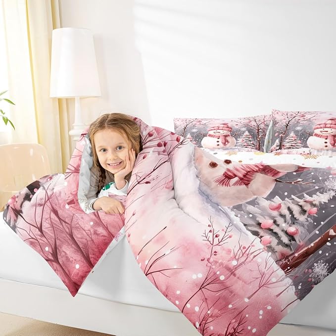 Feelyou Cute Snowman Comforter Set All Season Christmas Tree Bedding Set with 1 Pillow Cases Xmas Snowflake Microfiber Kids Twin Bedclothes Pink Scarf Bedroom Decor Pink Winter Scene Duvet Quilt