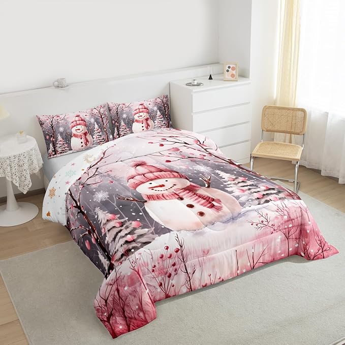 Feelyou Cute Snowman Comforter Set All Season Christmas Tree Bedding Set with 1 Pillow Cases Xmas Snowflake Microfiber Kids Twin Bedclothes Pink Scarf Bedroom Decor Pink Winter Scene Duvet Quilt