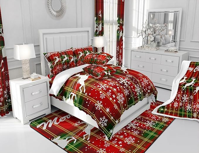 Manfei Christmas Duvet Cover Set Queen Size, White Deer and Snowflake Print Comforter Cover with 2 Pillowcases, Red Plaid Print Bedding Set 3pcs for Kids Boys Girls Bedroom Decor,No Comforter