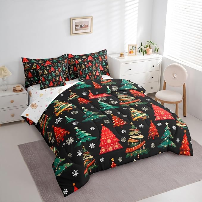 Erosebridal Black Christmas Bedding Set King Red Green Christmas Tree Comforter Set 7 Piece Xmas Forest Pine Trees Bed in A Bag for Adults Winter Xmas Snowflake Quilt with Flat Fitted Sheet