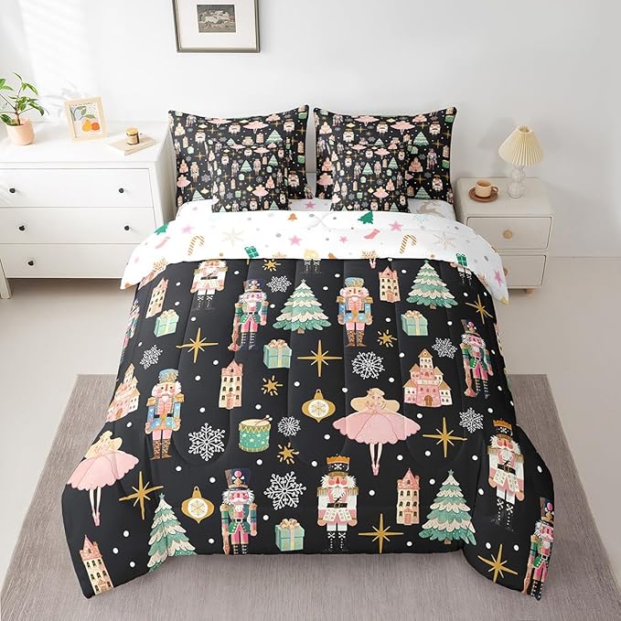 Erosebridal 7Pcs Black Christmas Comforter Set Full Size,Nutcracker Bedding Set,Xmas Snowflake Stars Bed in A Bag,Romantic Princess Castle Quilt with Flat Fitted Sheet