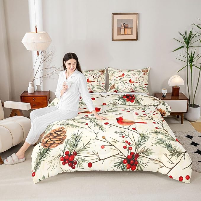 Feelyou Cardinal Bird Kids Comforter Set Queen Size Pine Branch Bedding Set Red Berry Duvet Quilt for Kids Boys Girls Bedroom Pine Cone Decor Winter Christmas Pattern Microfiber Ultra Soft Breathable