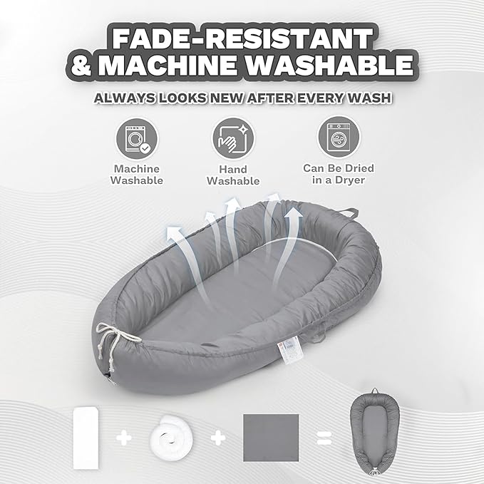 Baby Lounger – Infant Lounger for Newborn 0–24 Months, Baby Nest Lounger, Portable Newborn Lounger, Soft Breathable Cotton, Essentials for Babies at Home and Travel, Grey Solid