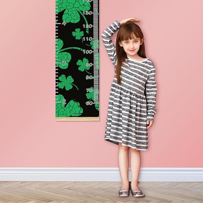 Personalized Kids Name Growth Chart Ruler for Wall Wood Frame Height Measure Chart 13.4x56 in Linen Hanging Height Growth Chart St Patrick Day and Clover Leaves Kids Room Decor