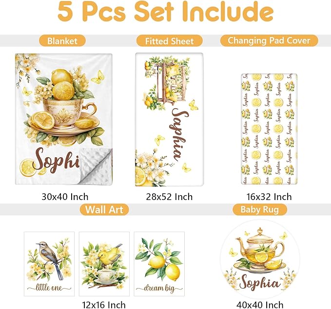 Personalized Baby Crib Bedding Set, 5 Pcs Custom Name Nursery Bedding Set, Lemon Tea Baby Bedding Set for Girls Boys, Double Layer Flannel Baby Crib Set, Toddlers Kids Infants Customized Gifts