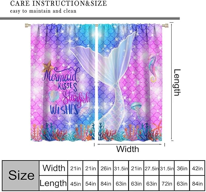 Kids Fantasy Mermaid Curtains Dream Colorful Mermaid Fish Tail Scale Fantasy Ocean Theme Window Treatment for Girls Bedroom Nursery Room Decor Window Drapes 42" W X 54" L