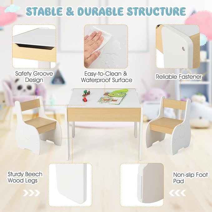 INFANS 3 in 1 Kids Table and Chair Set, Wood Multi Activity Table with Removable Tabletop Storage, Detachable Blackboard for Toddler Playing Drawing Arts Crafts,3 PCS Children Furniture