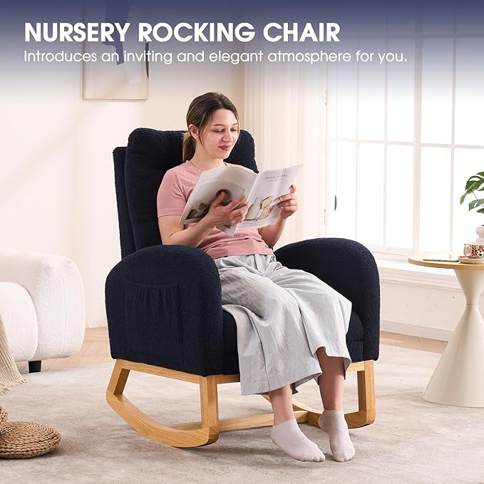 NIOIIKIT Nursery Rocking Chair, Linen Upholstered Glider Chair with Footrest, Tufted Rocker Recliner with Side Pocket, Comfy Recliner Glider, Accent Chair for Living Room (Blue Teddy)