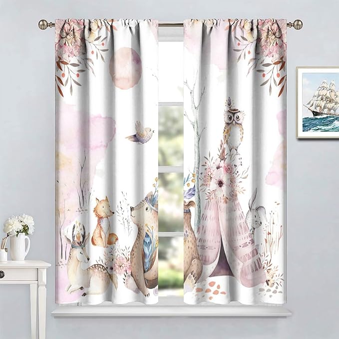 Forest Animal Curtains for Kids, Pink Watercolor Woodland Animal Window Treatments Fox Deer Owl Wildlife Safari Jungle Bear Window Drapes for Girls Nursery Toddler Bedroom 52x84in