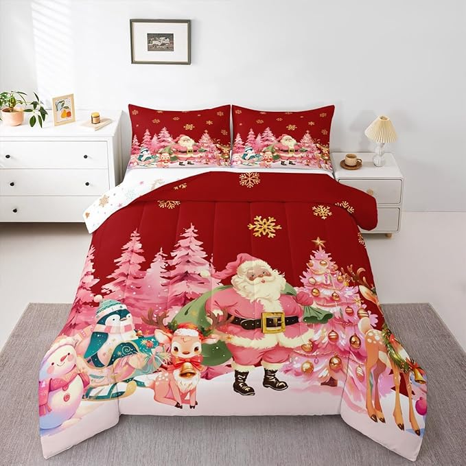 jejeloiu Merry Christmas Comforter Set Twin Size Santa Claus Bedding Set for Kids Boys Girls Cute Deer Duvet Quilt Red Bedroom Decor