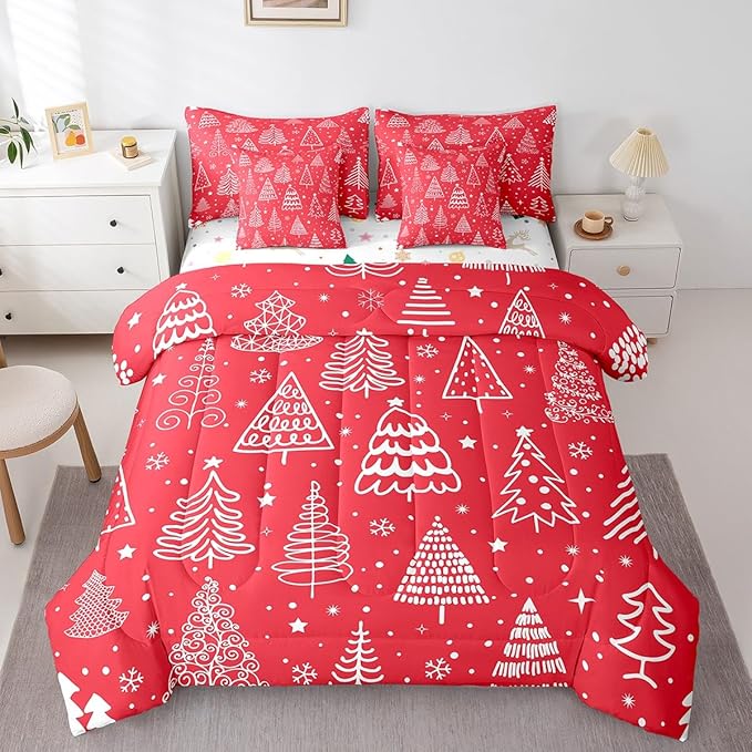 Feelyou Merry Christmas Bed Set Xmas Tree Cute Comforter Set with Sheets Red Chic Bed in a Bag Kawaii Stars Cartoon Bedding Set Bedroom Collection King Size