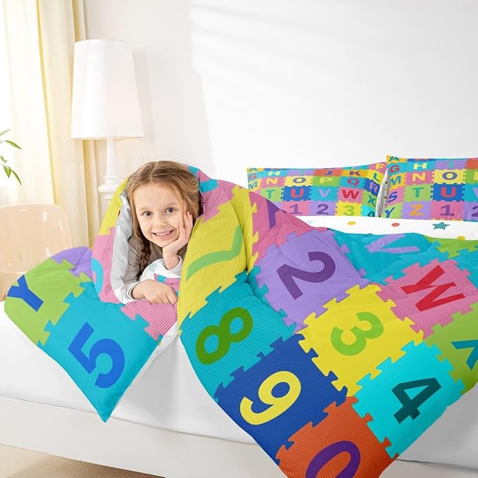 Feelyou Kids Puzzle Alphabet Numbers Comforter Set Full Size ABC Letters Bedding Set for Kids Boys Girls Educational Duvet Quilt English Learning Bedroom Decor Microfiber 3 Pcs with 2 Pillow Cases