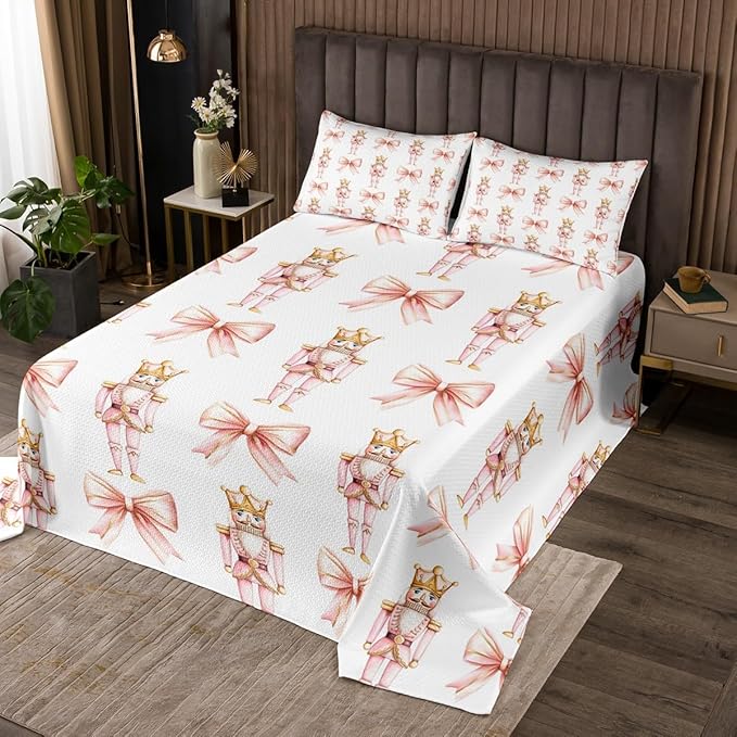 Cartoon Nutcracker Kids Bedspread King Size,Pink Bowknot Romantic Princess Coverlet Set,Girls Women Room Decor,Ballet Merry Christmas Bow Tie Quilted Coverlet,Dreamy Bedding Quilt,2 Pillowcases