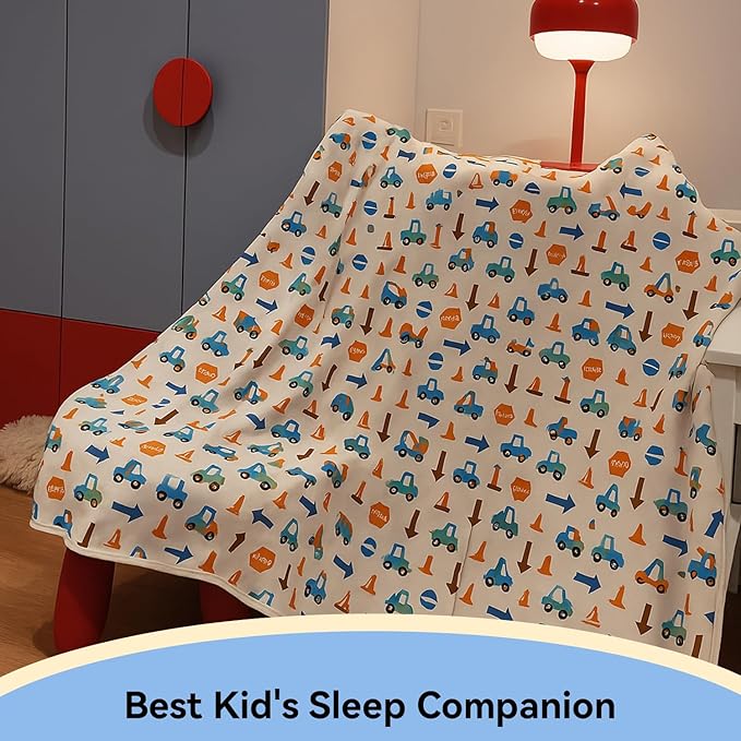 Kids Throw Blanket – Soft Cotton Toddler Blanket with Construction Vehicles Puzzle Pattern, Lightweight Breathable Bed Throw with Stitched Edges, 40 x 60 in (101.6 x 152.4 cm)