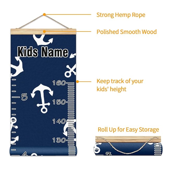Personalized Kids Name Growth Chart Ruler for Wall Wood Frame Height Measure Chart 13.4x56 in Linen Hanging Height Growth Chart Nautical Anchor Navy Blue Kids Room Decor