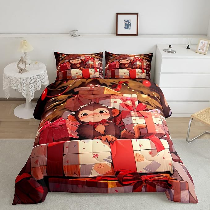 Merry Christmas Comforter Set Full Size,Cartoon Cute Monkey Bedding Set for Kids Boys Girls Room Decor,Animals Microfiber Modern Soft Quilt Set,Xmas Theme Red Luxury Duvet Insert 3Pcs,2 Pillowcases