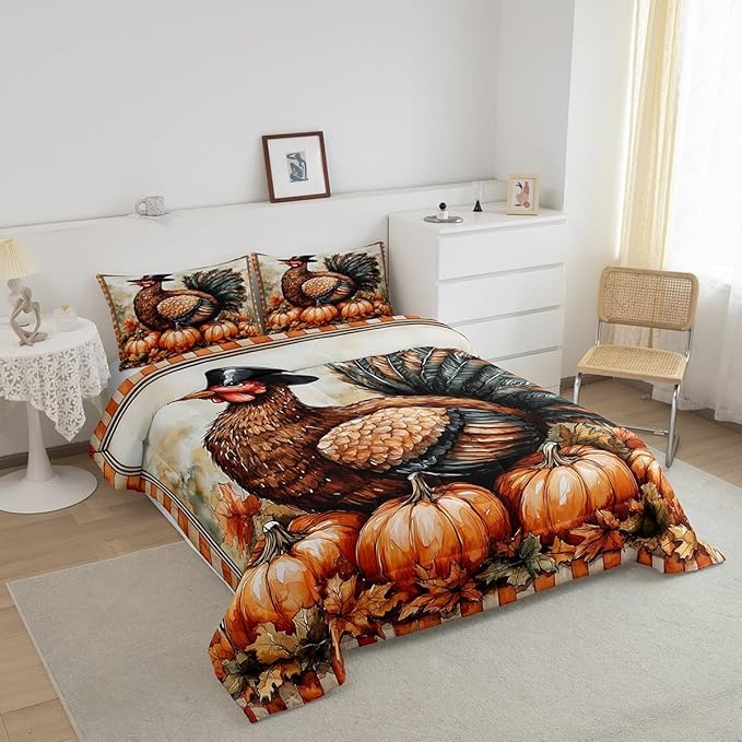 Feelyou Boys Girls Thanksgiving Comforter Cover Queen Size, Fall Autumn Comforter Set for Turkey Duvet Cover Kids Pumpkin Teens Bedspread Cover Bedroom Decor Bed Set 3Pcs